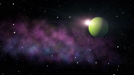 estrella solar emergiendo de detrás de un planeta verde en el espacio ultraterrestre con una nebulosa colorida en la distancia
