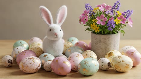 a charming easter scene featuring a soft plush bunny surrounded by colorful decorative eggs and a bright floral arrangement in a delightful spring setting