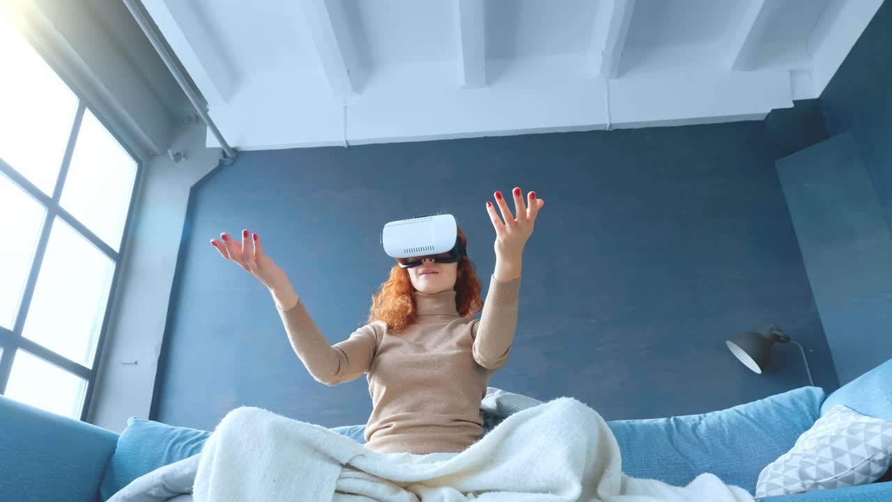 Woman Experiencing Virtual Reality at Home