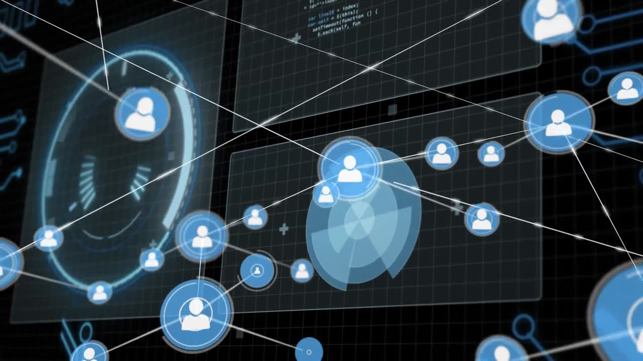 Animation of data processing and network of connections over black background
