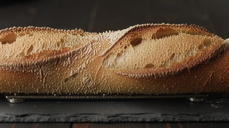 Panning camera revealing baguette on dark slate with metal foot and crumbs, highlighting crust