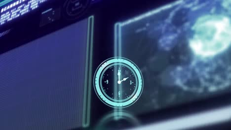 animation of clock over diverse data processing on black digital screen