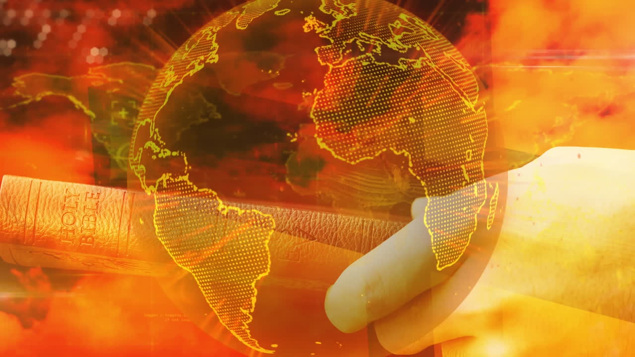 성서 를 들고 있는 백인 손 위 에서 회전 하는 행성 의 애니메이션