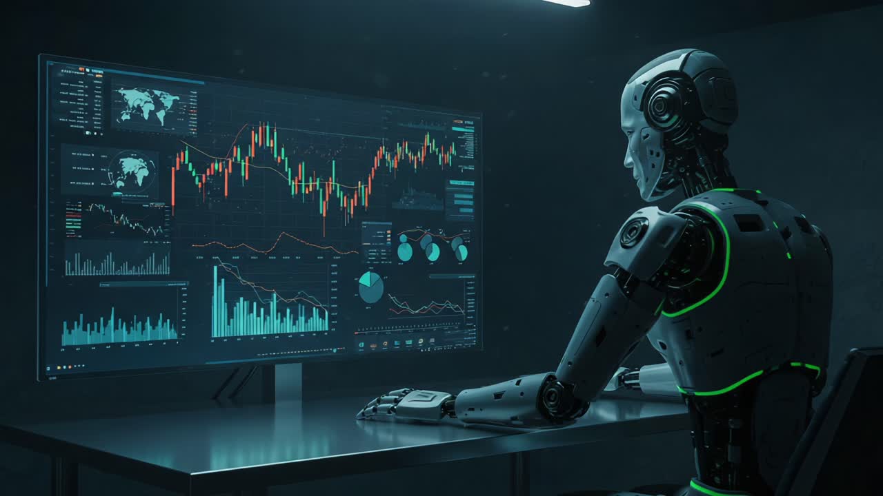 A Futuristic Robot Engaged in Data Analysis Displaying Complex Financial Graphs on an Advanced Digital Screen in a High-Tech Environment
