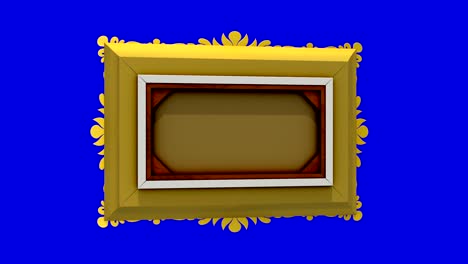 rapid rotation of the gold picture frame on blue background, chroma key. 3d animation with tv noise and green screen, seamless loop.