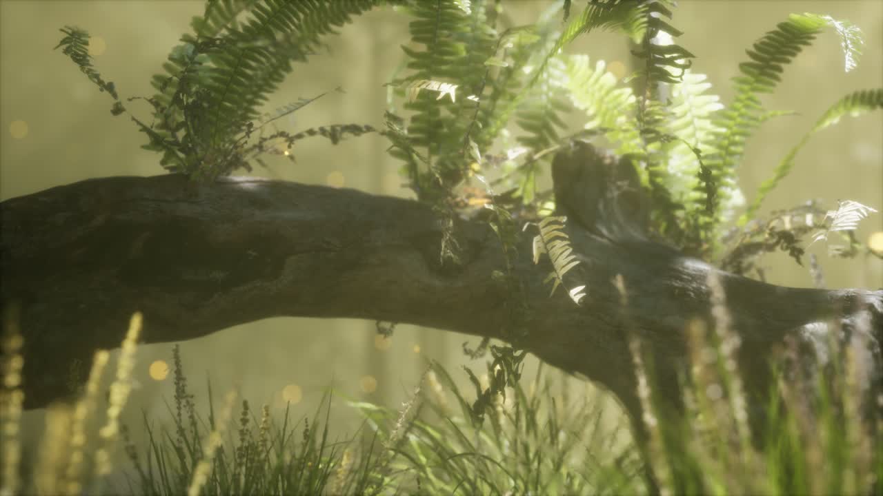 tronco del árbol doblado horizontalmente con helechos creciendo, y la luz del sol brillando