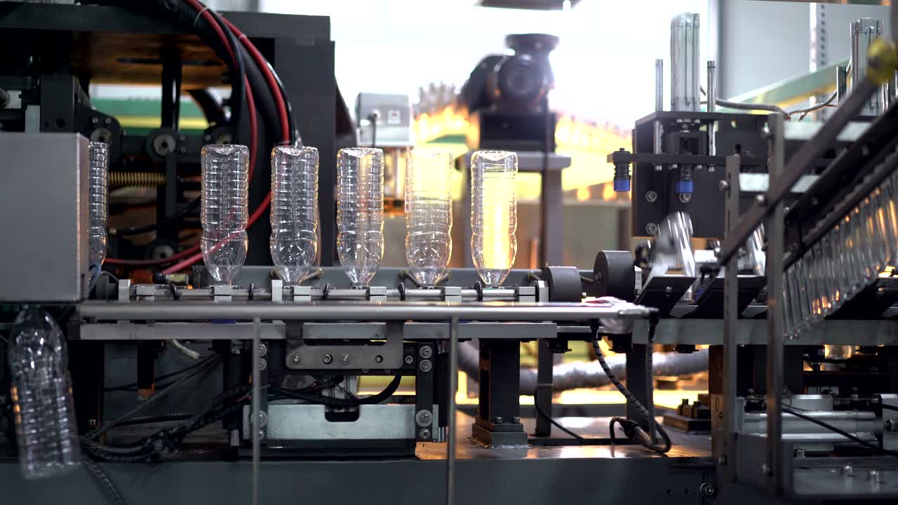 플라스틱 병을 생산하는 공장의 컨베이어.