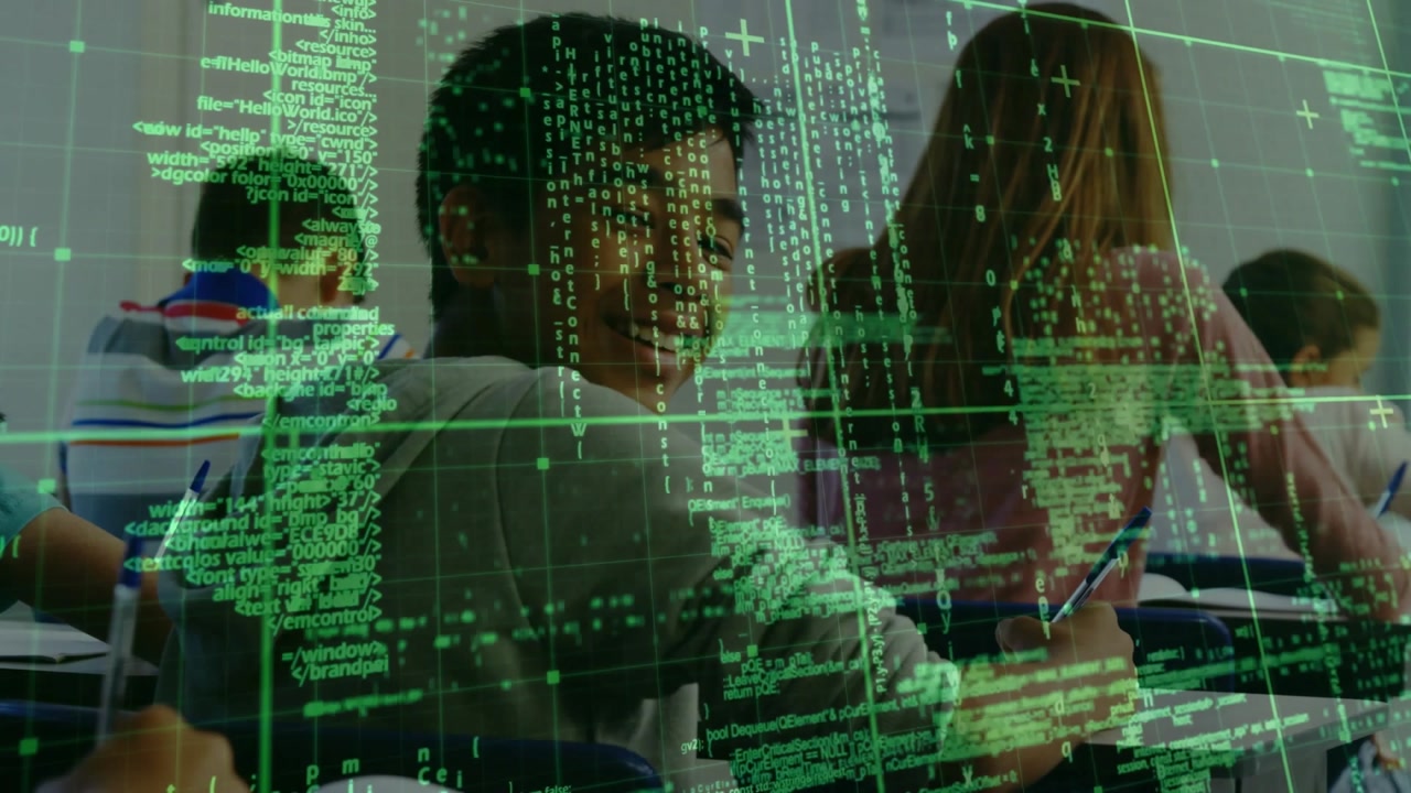 Camera panning across writing students under code overlay revealing gray-hooded boy smiling