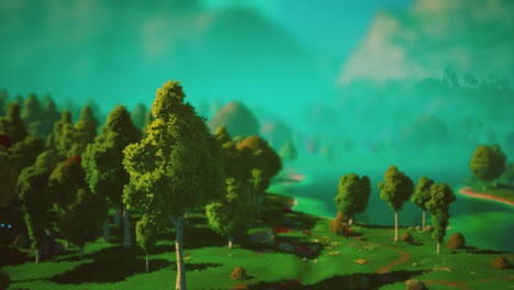 paisaje de bosque verde de dibujos animados con árboles y lago