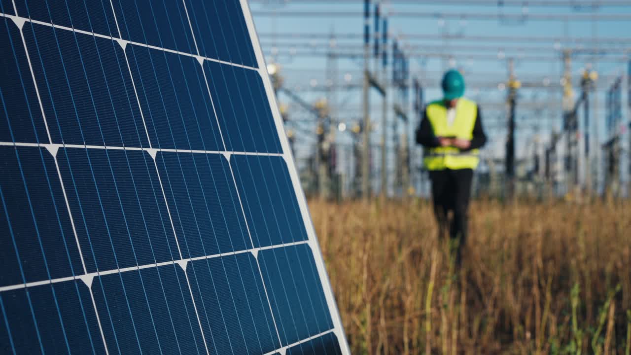 primer plano del panel fotovoltaico solar con el ingeniero eléctrico y la subestación en el fondo