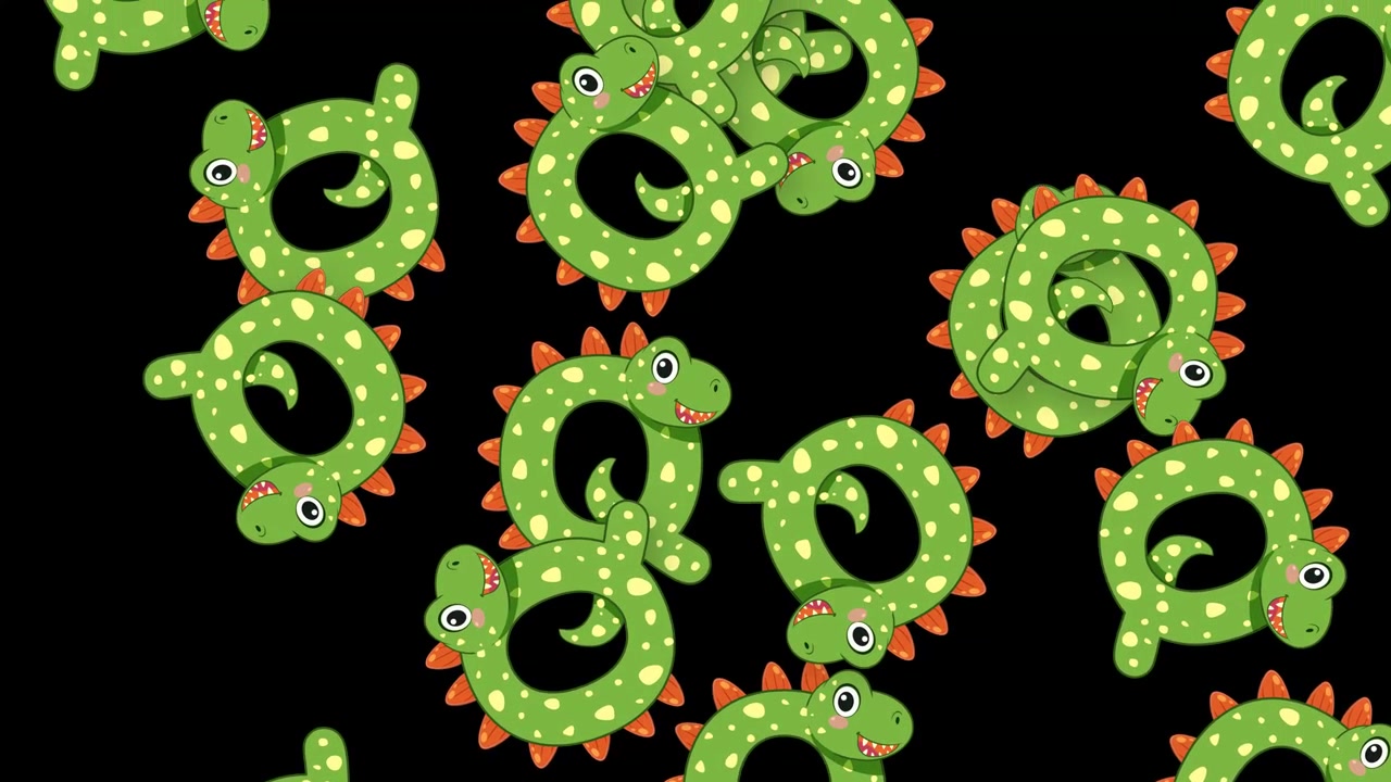 Niedliche grüne Dinosaurier-Charaktere fallen und purzeln in einer spielerischen Animation durch den schwarzen Raum.