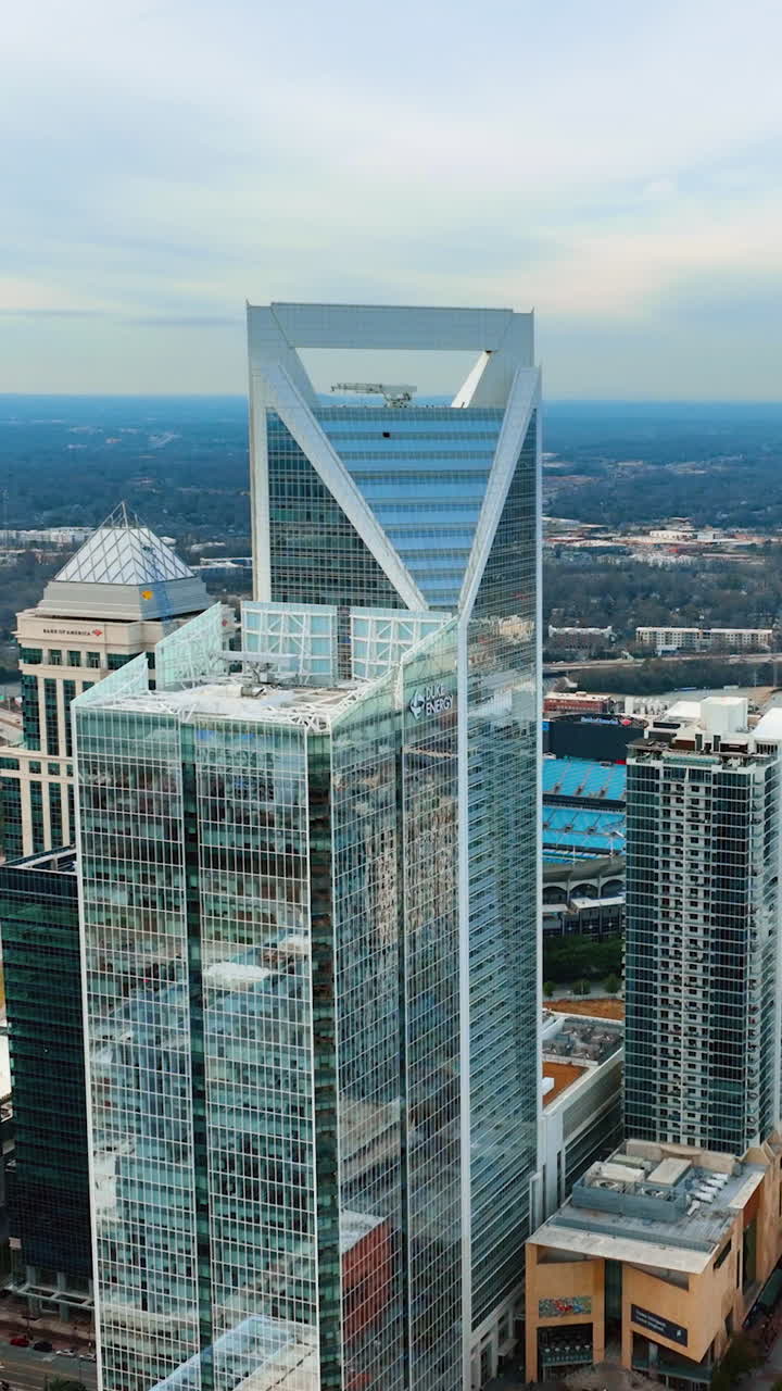 Charlotte, North Carolina, USA - January 05, 2024: Panorama of the central part of the city with a view of the surroundings. Vertical video