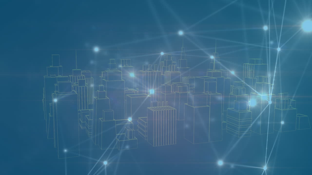 Animation of network of connections over city on blue background