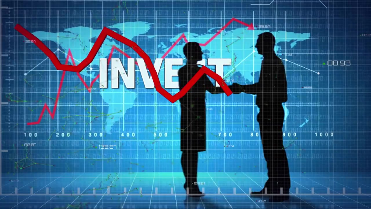 Animation of red graphs moving over invest text against businessman and businesswoman shaking hands