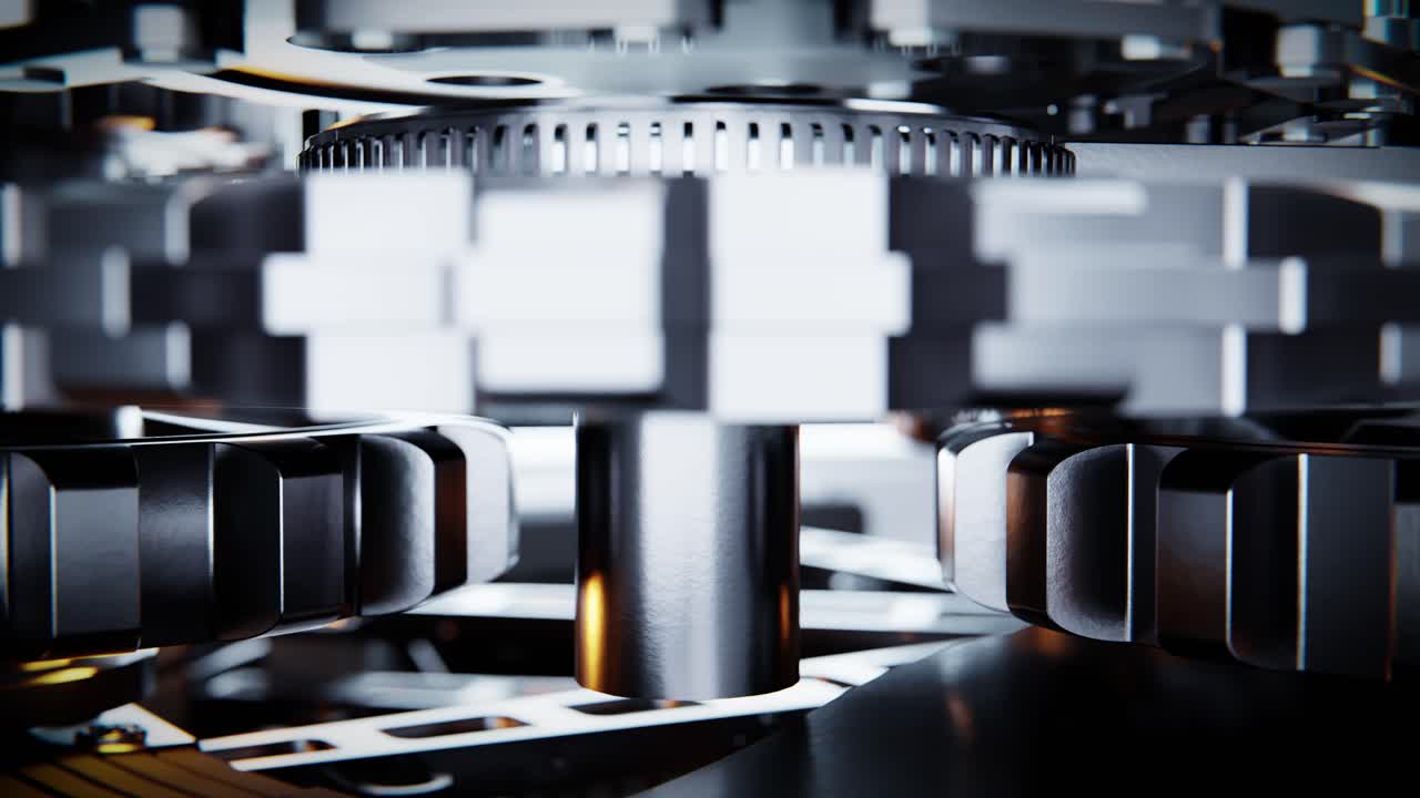 Close-up of Intricate Metallic Gears Rotating in a Mechanism