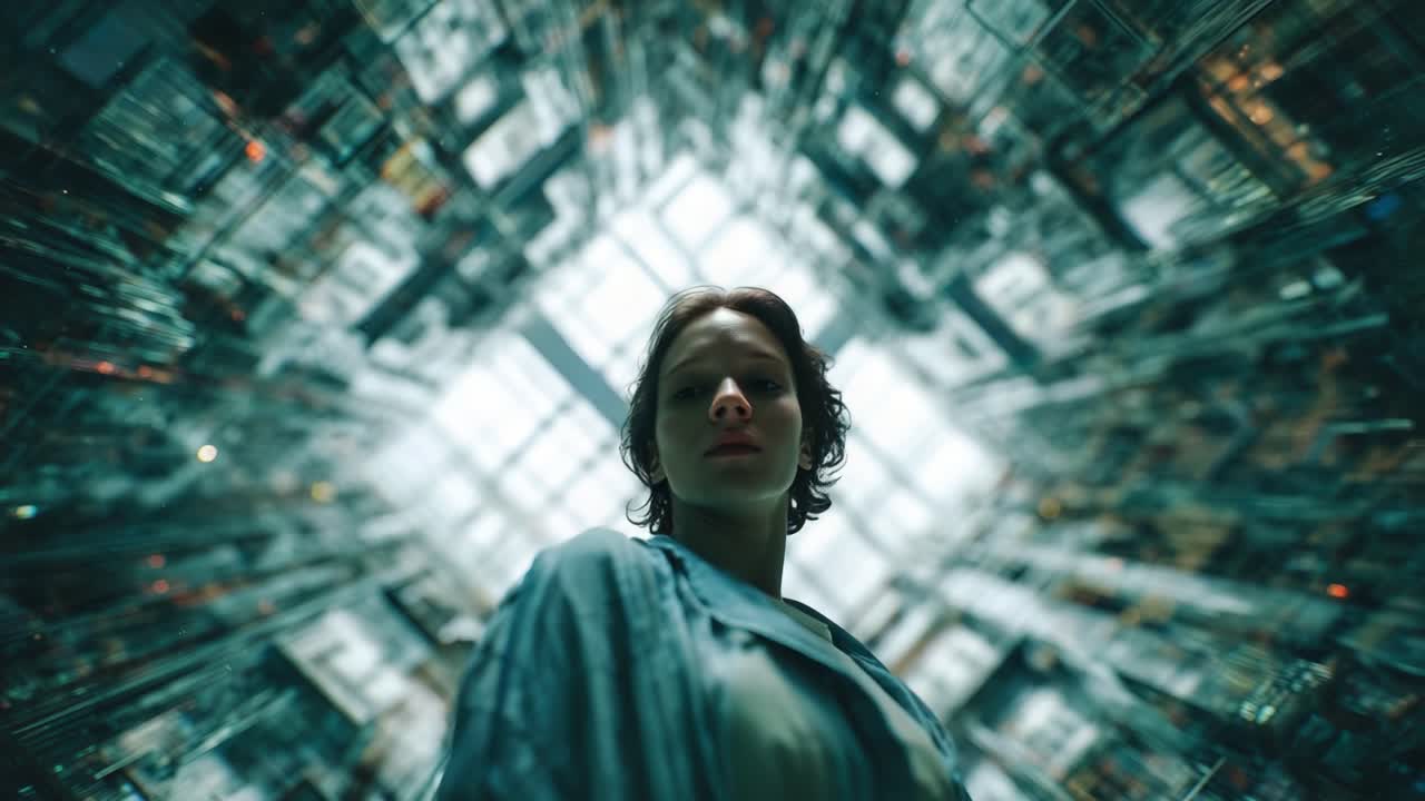 A contemplative figure gazes upwards amidst a mesmerizing mirror-like spatial array, creating an immersive visual experience that blends reality with abstract elements and light