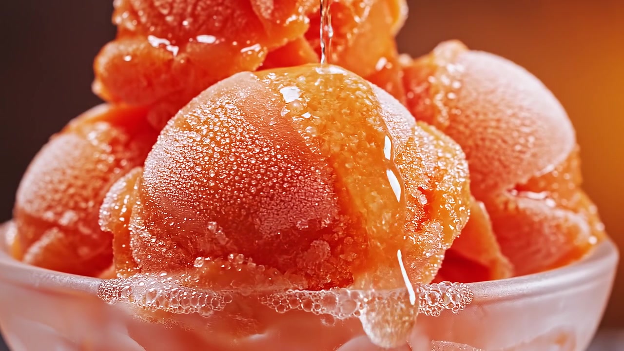 Close-up sendok sorbet jeruk menyegarkan dalam mangkuk kaca