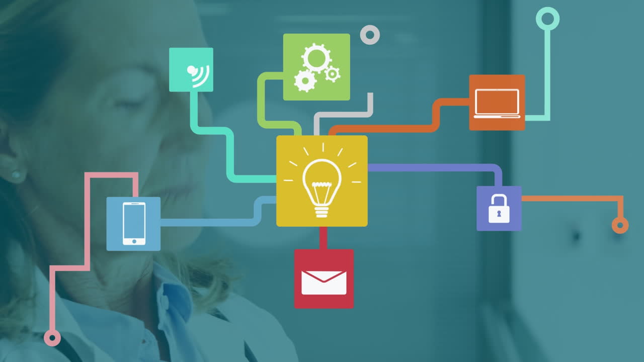 animación de la red de conexiones con iconos sobre la doctora caucásica