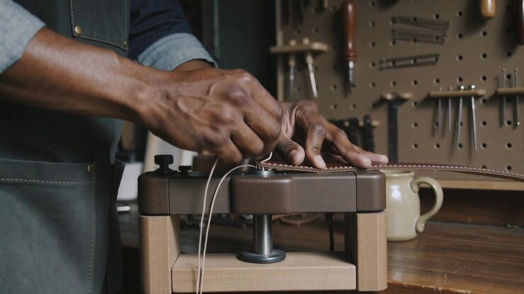 Placing leather in clamp at bench, maker hands in denim threading needle and sewing strap finishing