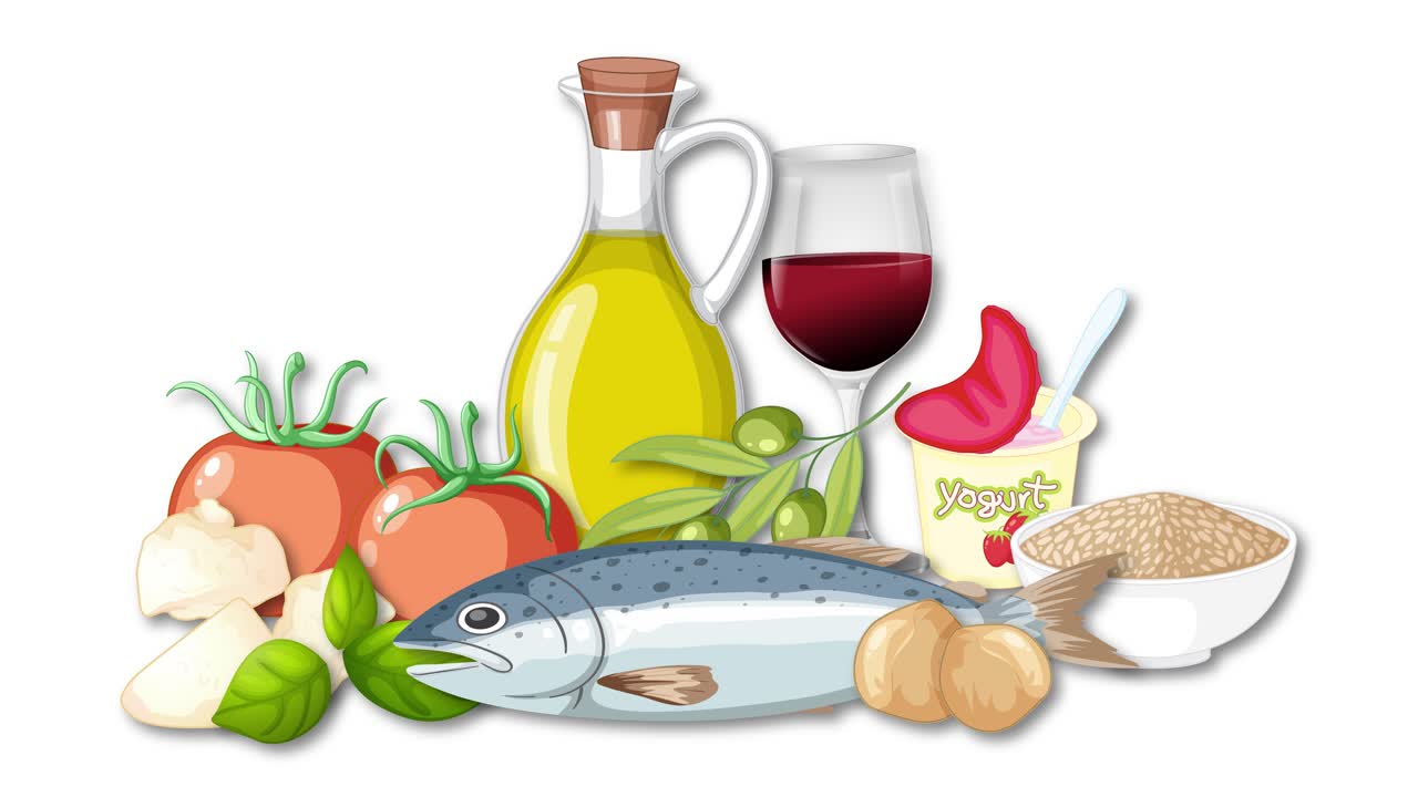 Mediterranean diet foods appear sequentially, forming a colorful composition with smooth transitions and bright lighting