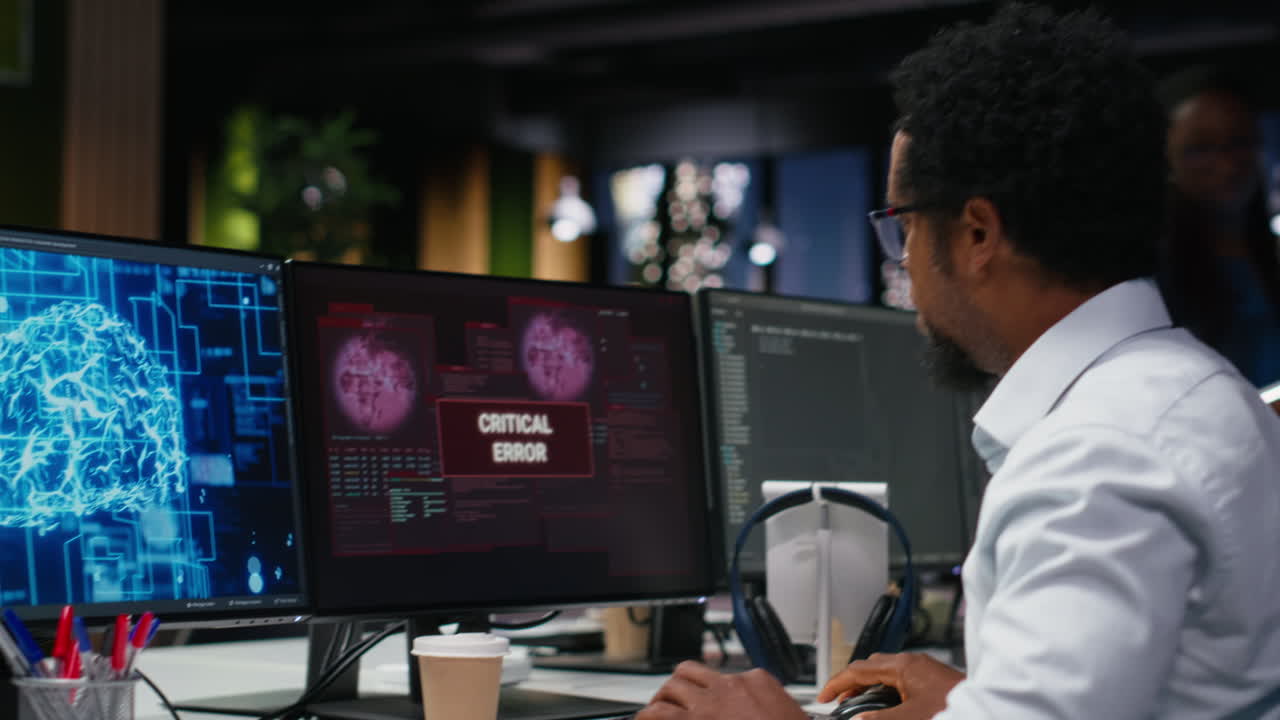 African American Programmer Reacts to Critical Error on Computer Screen
