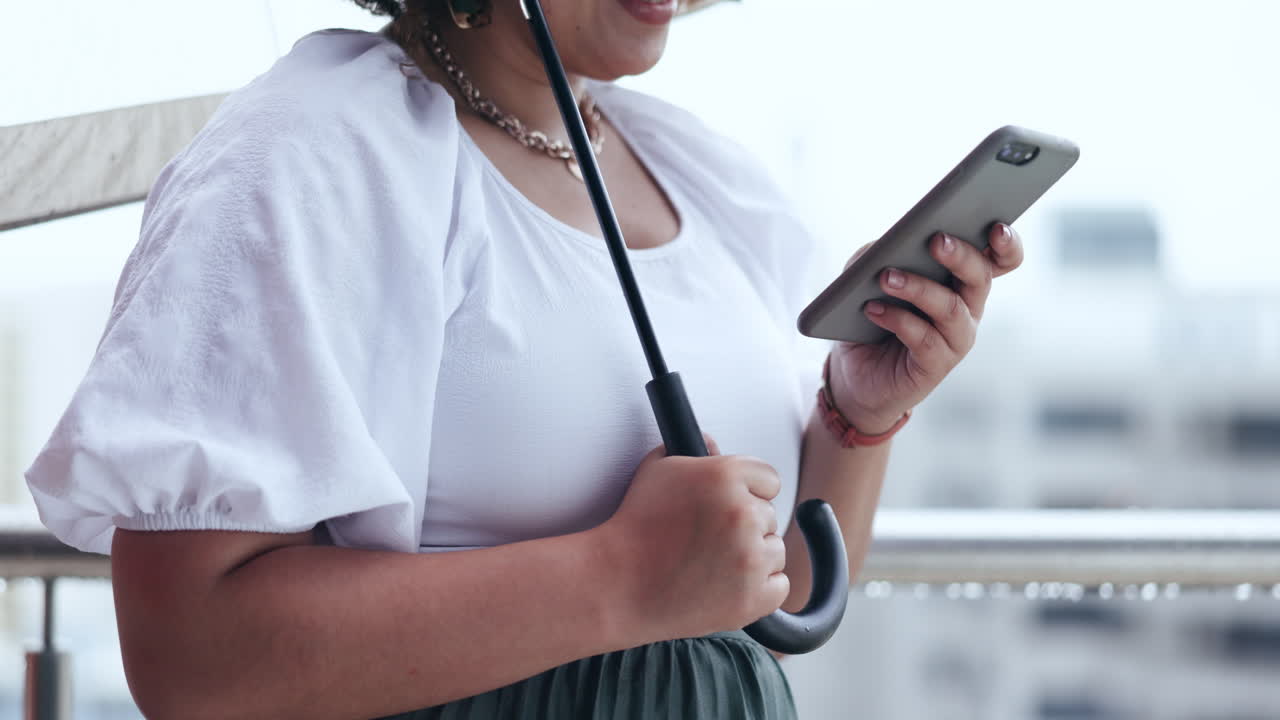 Rain, umbrella and hands of woman with phone