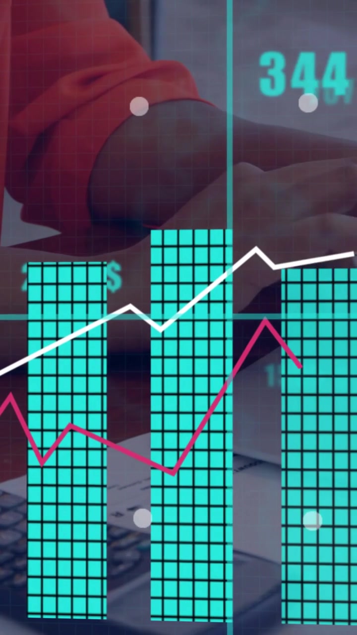Vertical video: Woman moving papers and tapping laptop, gesture causing growing charts for finance