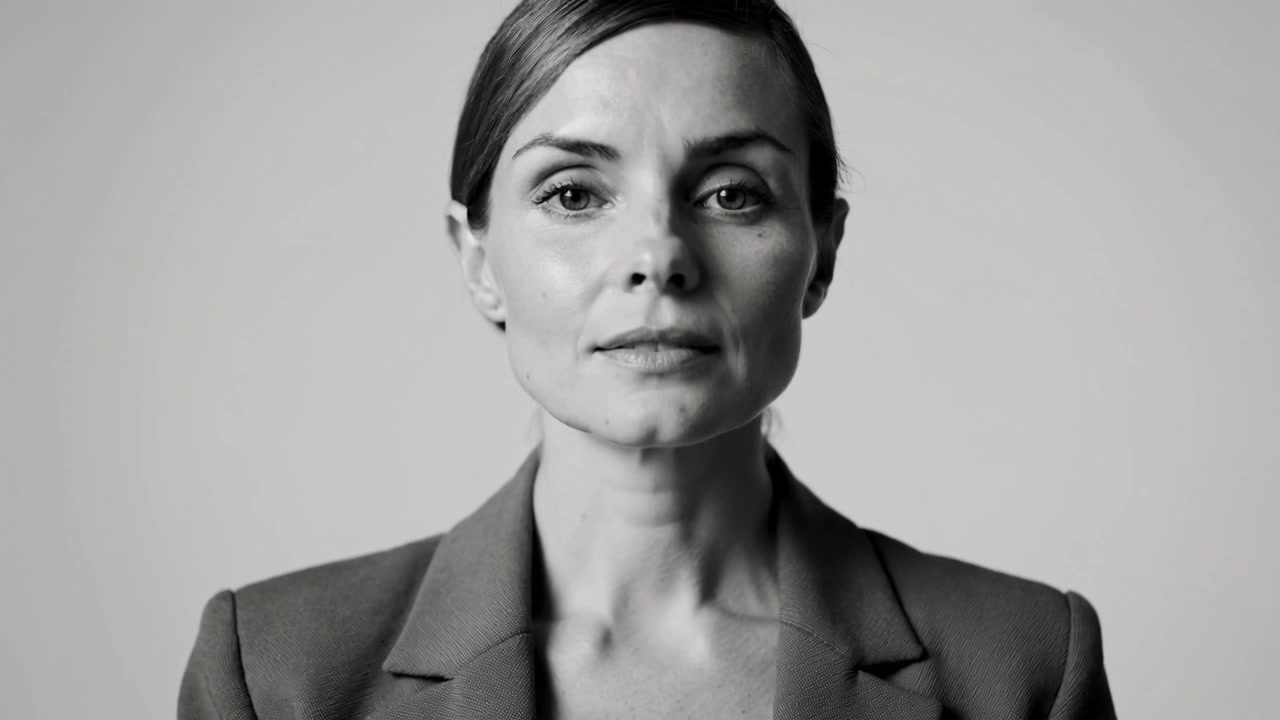 Mulher de blazer falando, respondendo a uma deixa de gravação no estúdio, ajustando o queixo e voltando à posição neutra.