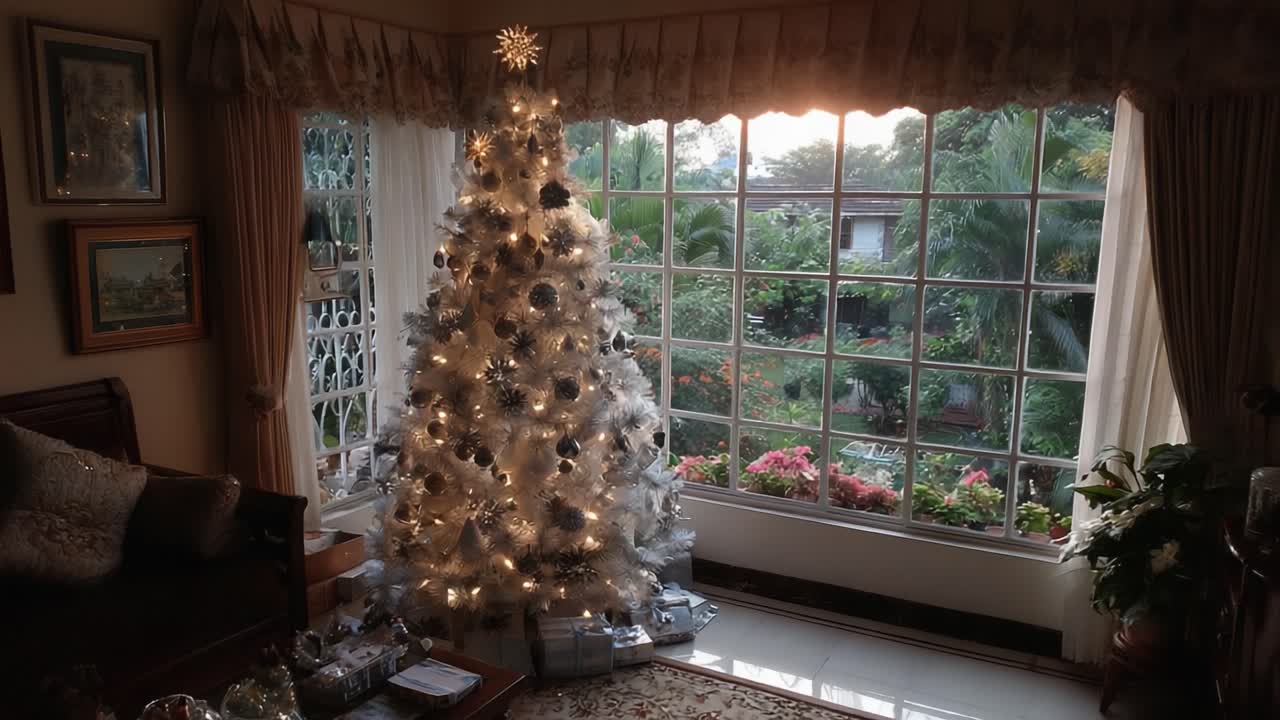 A Serene Holiday Scene Captured in Two Frames: A White Christmas Tree Adorned with Lights and Ornaments Against a Backdrop of Lush Greenery and Warm Evening Light
