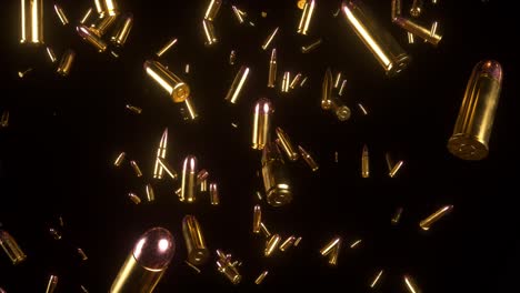 Animation-of-bullets-dropping-down-and-forming-rain-effect,-black-background,-good-for-overlays,-yellow-and-shiny-ammunition-shells-with-light-reflections