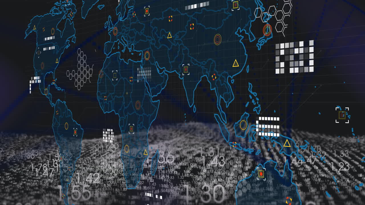 Animation of world map over digital wave against black background