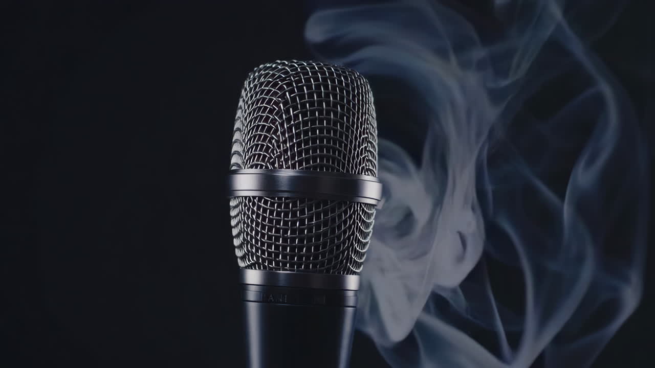 Close-up of a Microphone with Swirling Smoke on a Dark Background