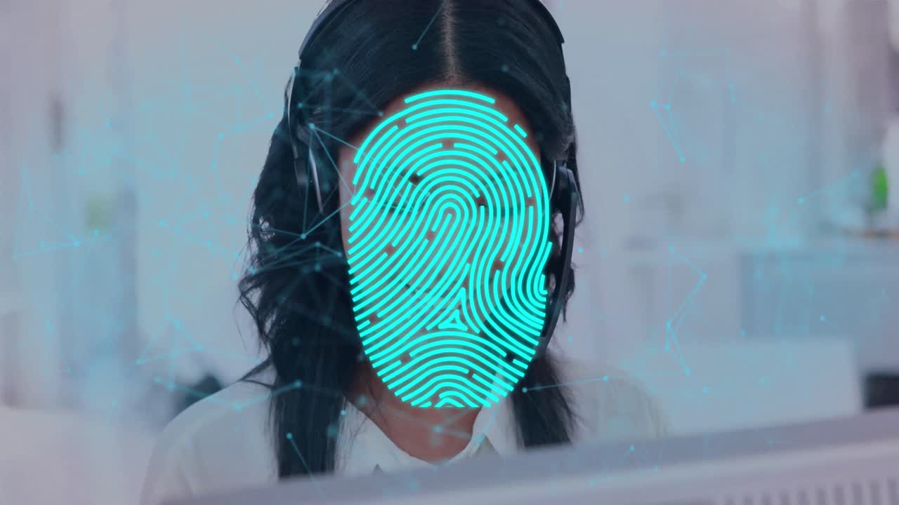 Animation of connections and bionic security over happy biracial female consultant working