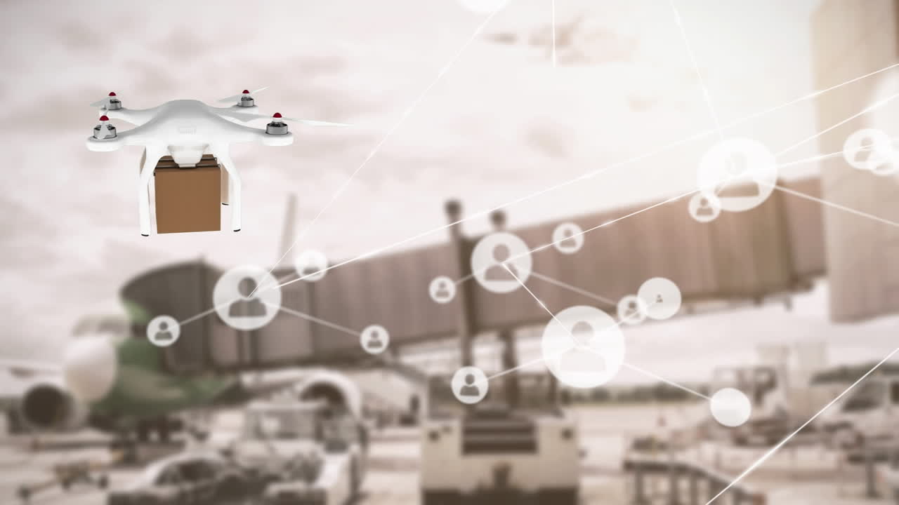 아이콘과 공항 상자 위의 드론을 가진 연결 네트워크의 애니메이션