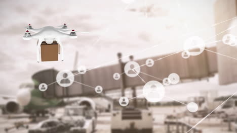 animación de la red de conexiones con iconos y drones con caja sobre el aeropuerto.
