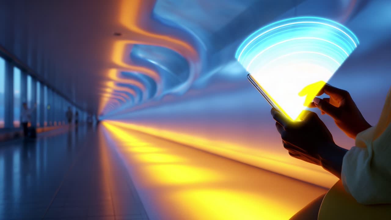 A Modern Journey: Engaging with Technology in a Futuristic Environment, Capturing the Interaction of Light and Communication in an Illuminated Pathway