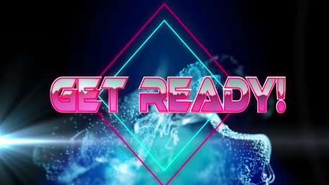animation of get ready text banner over blue digital wave and light spot against black background