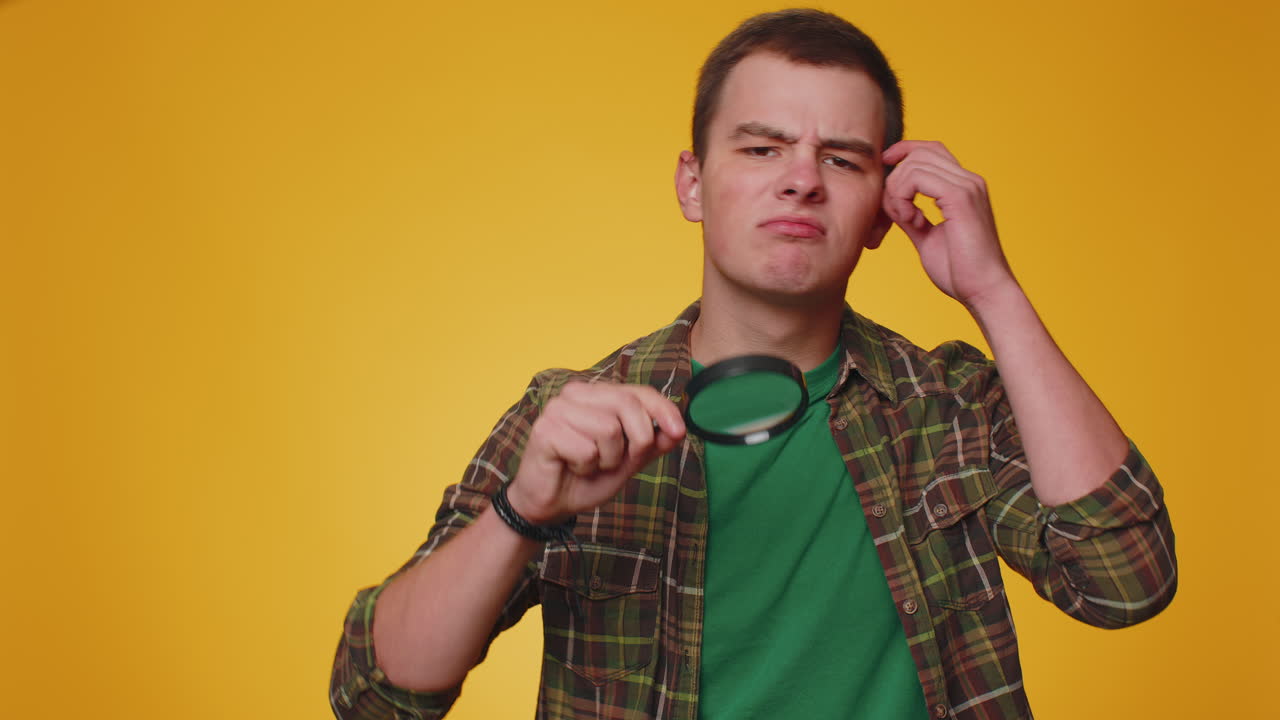 investigador investigador hombre con lupa cerca de la cara, mirando a la cámara con un gran ojo de zoom