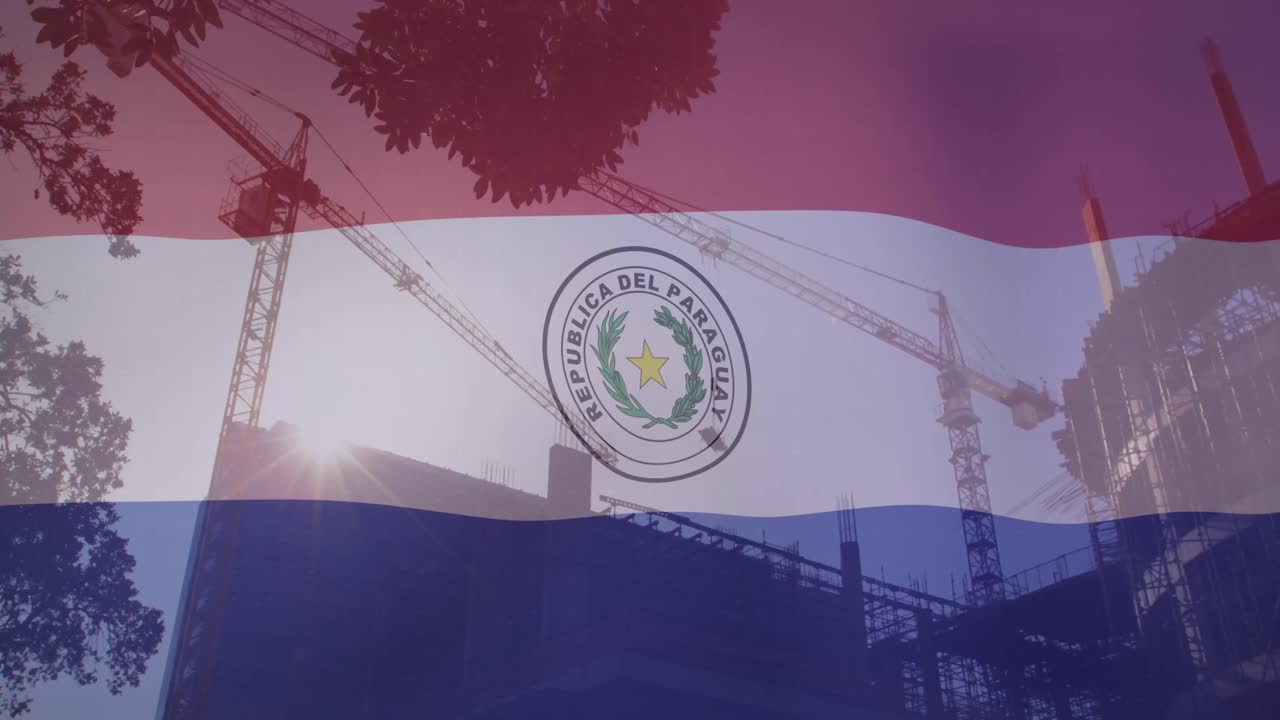animación de múltiples gráficos de barras y bandera de paraguay sobre grúas en un edificio de construcción