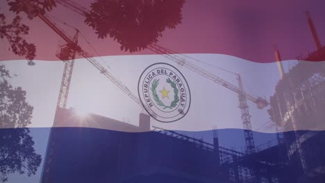 Animation-Mehrerer-Balkendiagramme-Und-Der-Paraguay-Flagge-über-Kränen-Auf-Einem-Baugebäude