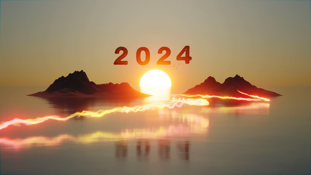 de felicitación feliz año nuevo 2024 con paisajes panorámicos puesta de sol y fuegos artificiales de flujo de energía