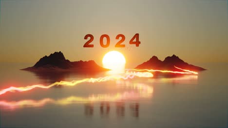 of greeting happy new year 2024 with scenic landscape sunset and energy flow fireworks