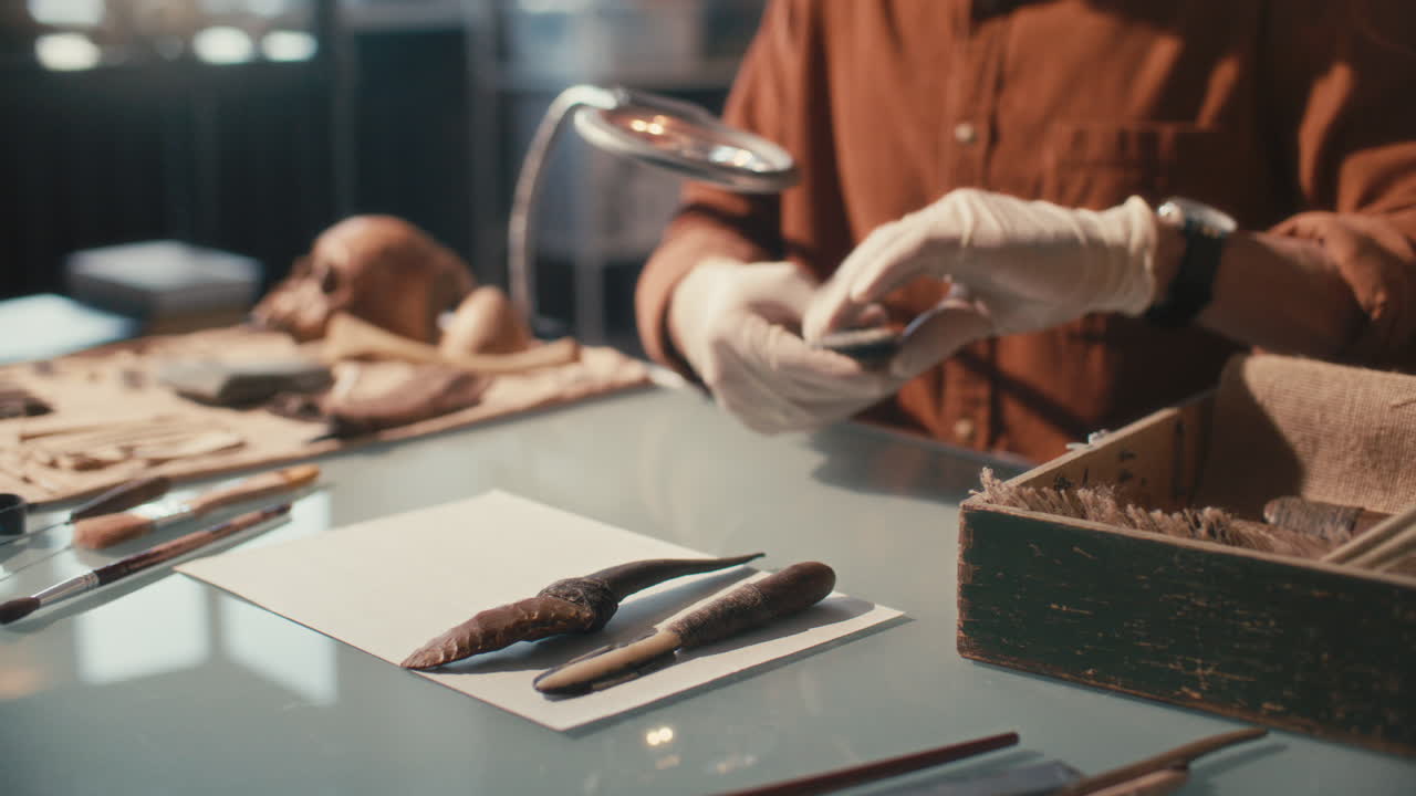 Archeologo che dispone antichi strumenti per l'esame su un tavolo da laboratorio