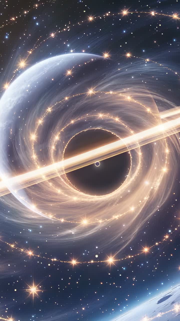 Vertical video: Gravity driving rotating disk, ring around black hole in space, with planet horizon