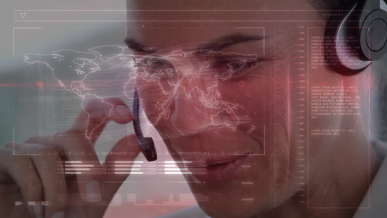 animación de la interfaz digital sobre una mujer de negocios usando auriculares de teléfono