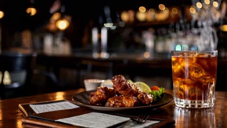 plate of glazed chicken wings with a side salad and a glass of iced tea sit on a wooden table in a dimly lit pub, creating a cozy and inviting atmosphere for a casual dining experience