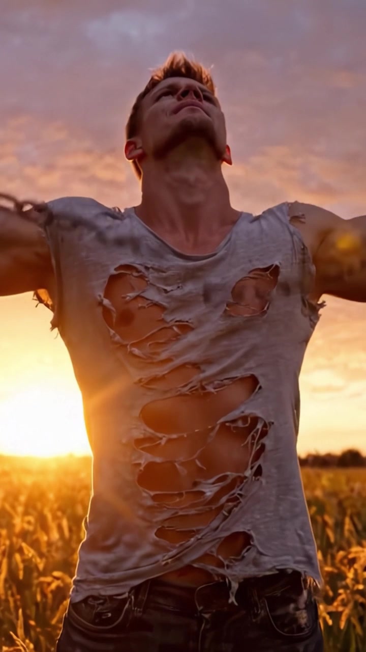 Un individuo determinato che si libera dalle catene mentre il sole tramonta su un campo dorato, simboleggiando forza, resilienza e liberazione contro ogni previsione