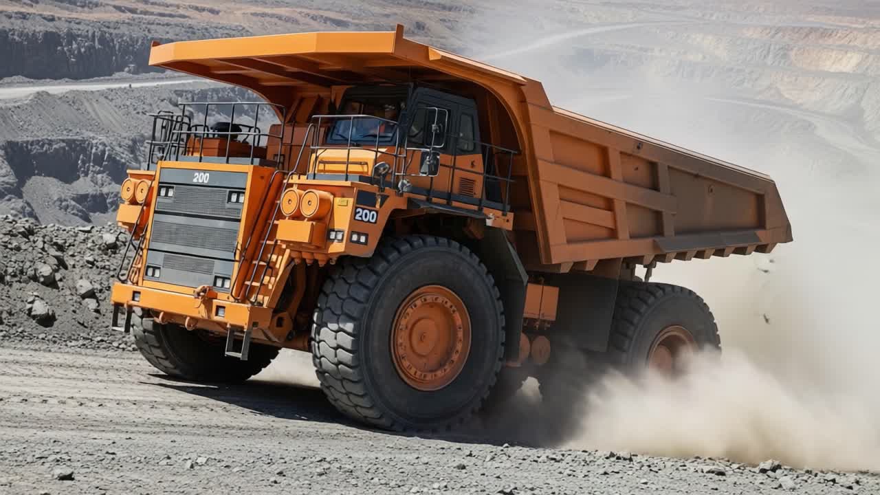 Heavy-Duty Mining Dump Truck in Action: Transporting Material Through Challenging Terrain with Precision and Power in a Quarry Environment