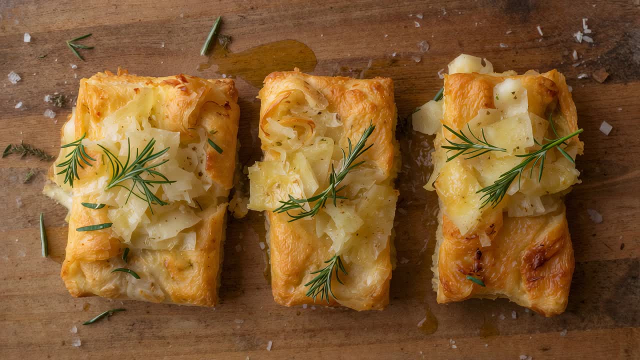 Revealing three puff pastries; shaved-cheese and dill on board, camera shifting to show texture