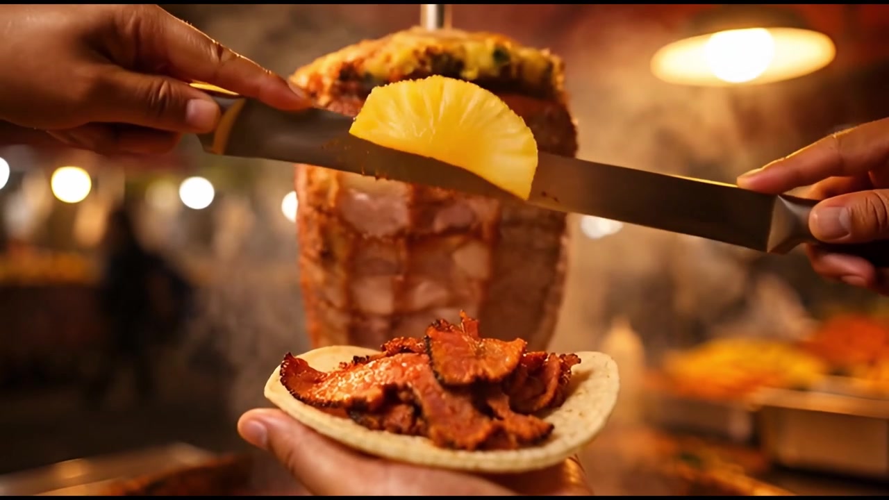 Kok skærer Al Pastor-kød til tacos ved en street food-bod